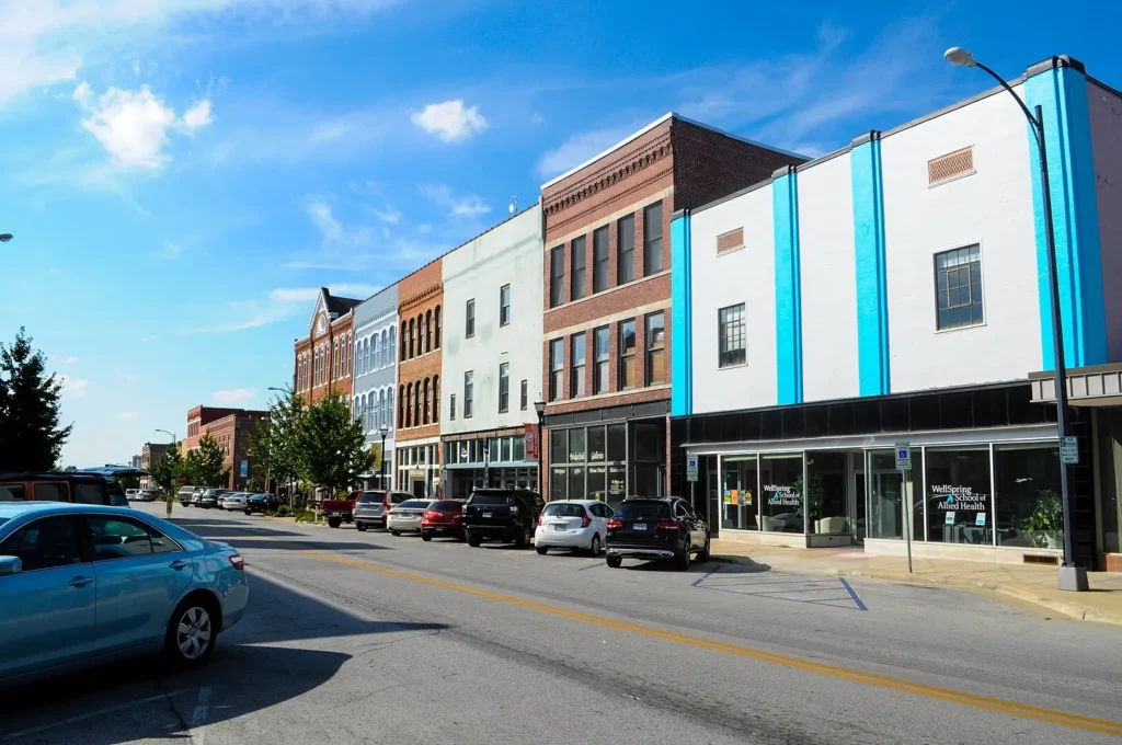 Commercial street in historic district in Springfield MO